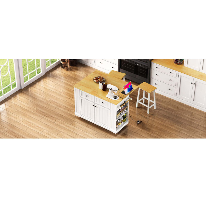 Grand îlot de cuisine avec 2 tabourets de bar, prise de courant, support de rangement interne pour porte, chariot de rangement de cuisine sur 5 roulettes avec abattant, 5 supports latéraux ouverts, 2 tiroirs, pour la cuisine, la salle à manger