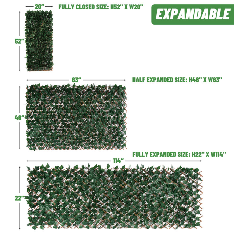 Double-Sided Expandable Faux Hedge Artificial Ivy Privacy Fence Panel with Real Wood Trellis