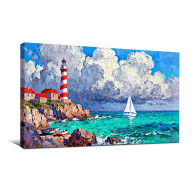 Nautique et plage, phare côtier, voilier, côte rocheuse, ciel nuageux, couleurs vibrantes, scène de bord de mer