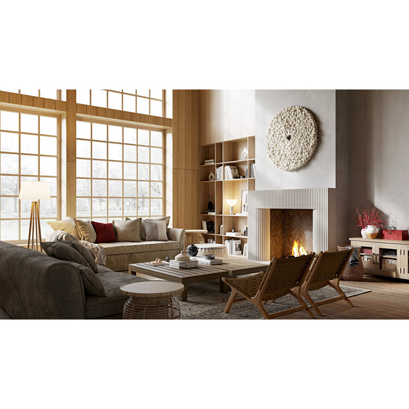 Encadrement de cheminée en pierre Reeded avec foyer biseauté, Tanné, 8 po x 81 po x 56 po