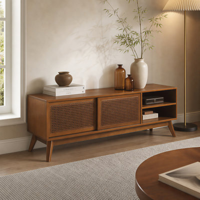 Meuble télé 59 po en rotin de style Mid-Century moderne pour téléviseur de 65 po ou moins, brun