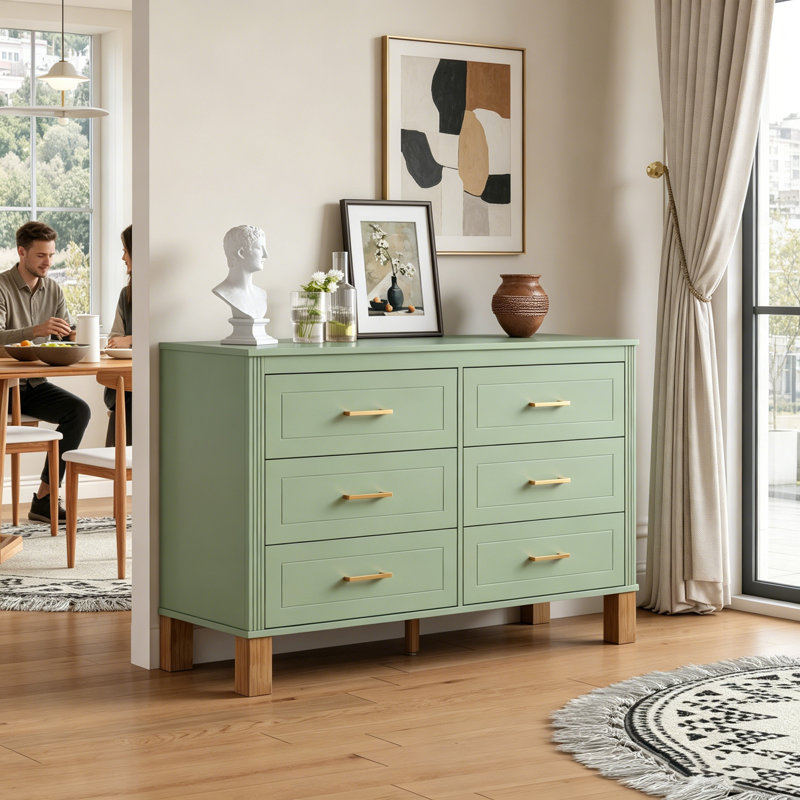 Commode double à 6 tiroirs, armoire de rangement moderne avec poignées en métal et pieds en bois massif, parfaite pour les chambres d'enfants et pour une utilisation intensive
