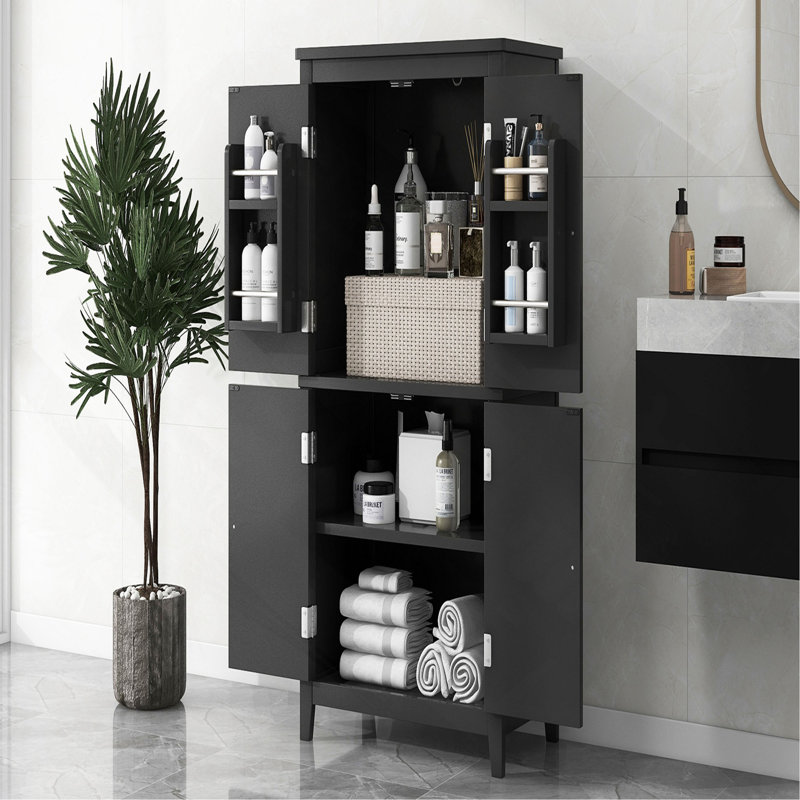 Bathroom Floor Storage Cabinet - 4 Doors Black Adjustable Shelves Tall In, Natural
