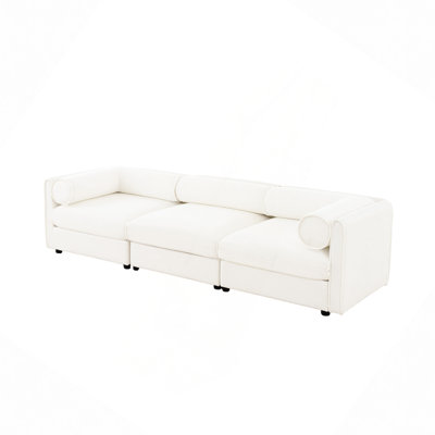 Canapé moderne, élégant canapé en chenille blanc avec siège de rangement, dossier cylindrique et accoudoirs, canapé en tissu contemporain avec compartiment de rangement caché