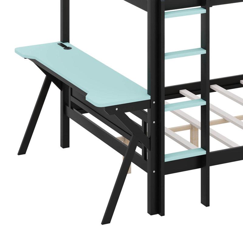 Wood Bunk Bed With Desk, Bunk Bed With Charging Station And Pegboard, Game Room Bunk Beds For Small Space, Full, Cloud Blue