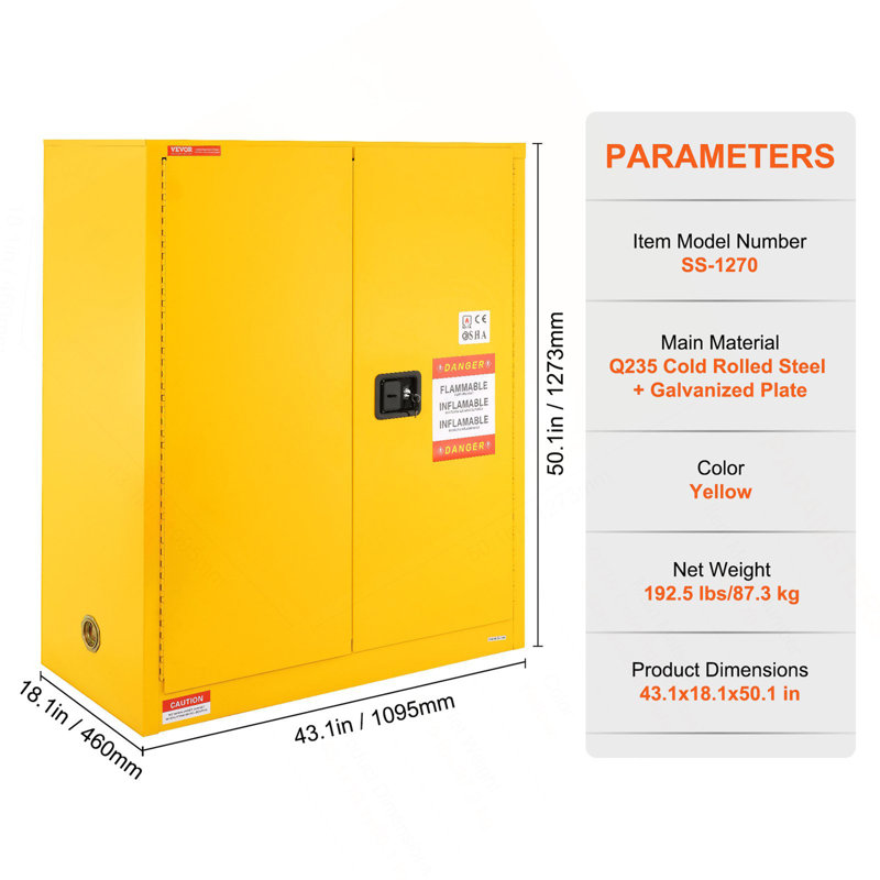 Flammable Storage Cabinet 30 Gal, 43.1 X 18.1 X 50.1 Inch Cold-Rolled Steel Explosion Proof With 1 Adjustable Shelf 2 Manual Closing Doors For Industrial Use
