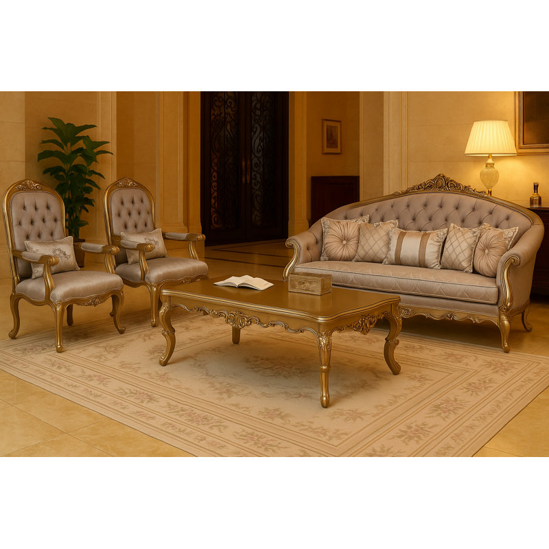 Luxury 4-piece Sofa & Chair Set With Hand-carved Gold Accents