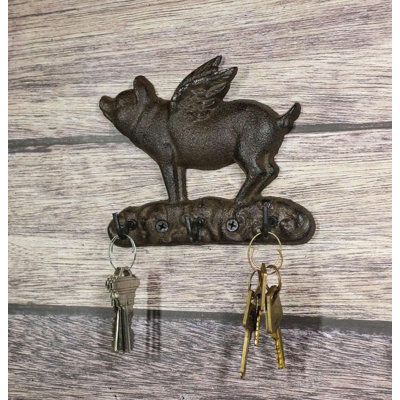 Ophelia & Co. Cast Iron Whimsical Flying Pig Angel 3-Peg Wall Hook Decorative Sculpture