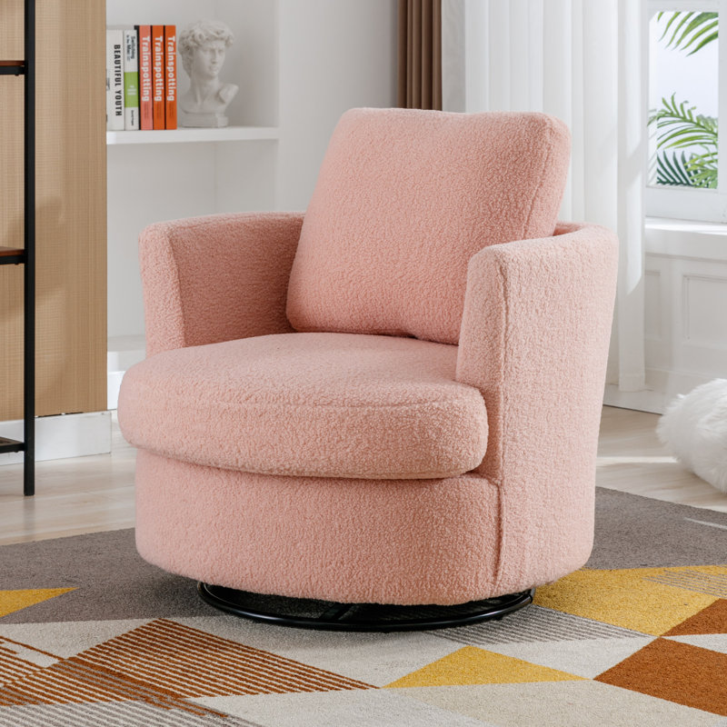 32"W Slipcovered Upholstered Swivel Barrel Chair, Pink Boucle