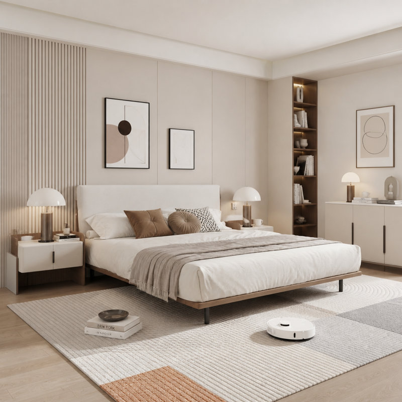 Cadre de lit très haut de gamme pour très grand lit avec tables d'appoint, lampes de lecture et bande DEL