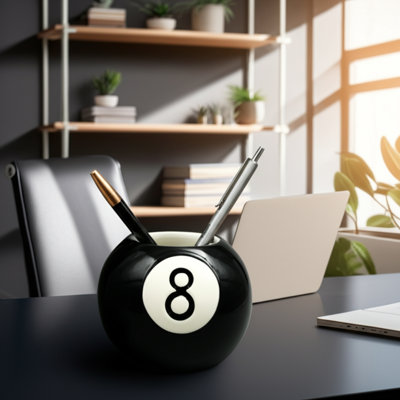 Sleek Magic 8 Ball Round Pencil Cup Desktop Organizer for Office Desk - Fun Storage Desk Accessory for Bedroom, Kitchen & Game Room - 4", Black & White