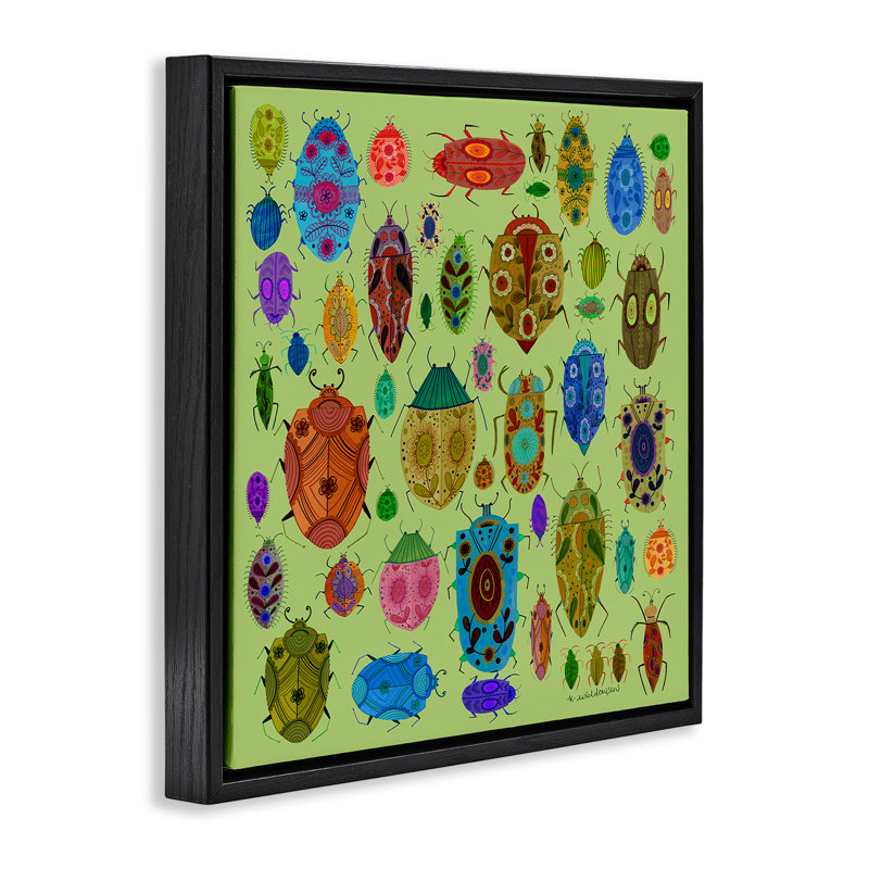Cadre flottant avec insectes et fleurs, design par Kay Widdowson, H 18 po x l 18 po, Cadre flottant noir de jais