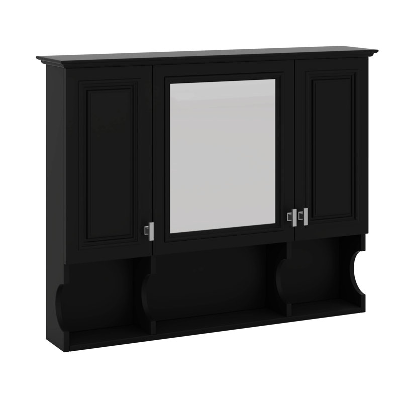 Armoire à pharmacie murale, armoire de salle de bain moderne avec miroir, tablettes ouvertes, Noir