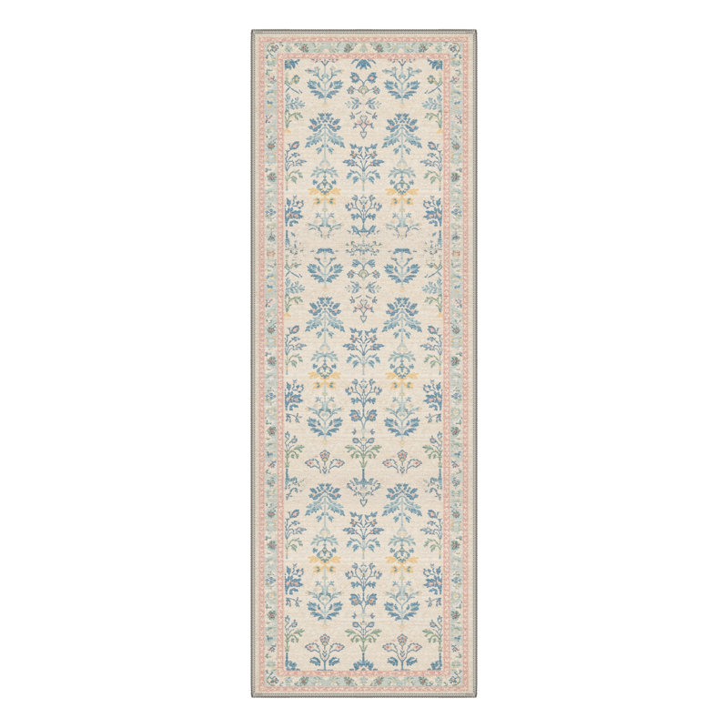 Allsop Verdure Vintage Floral Machine Washable Beige / Blue / Pink Indoor Area Rug with Non-Slip Backing, Runner 2' x 6'