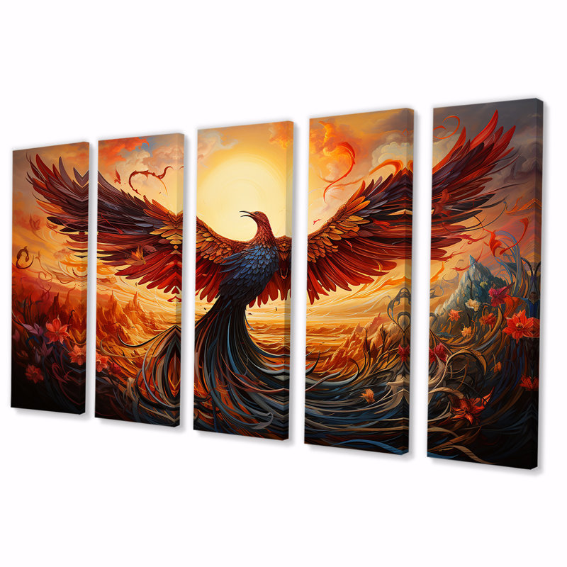 Resurgence Phoenix Rebirth II - Bird 5 Piece Wall Art Decor Set, 28" H x 60" W