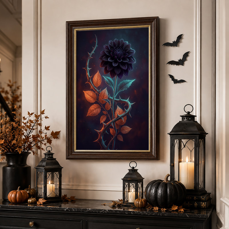 Tableau mural sur toile représentant un dahlia violet foncé à tige épineuse et motif d'Halloween, H 18 po x l 12 po