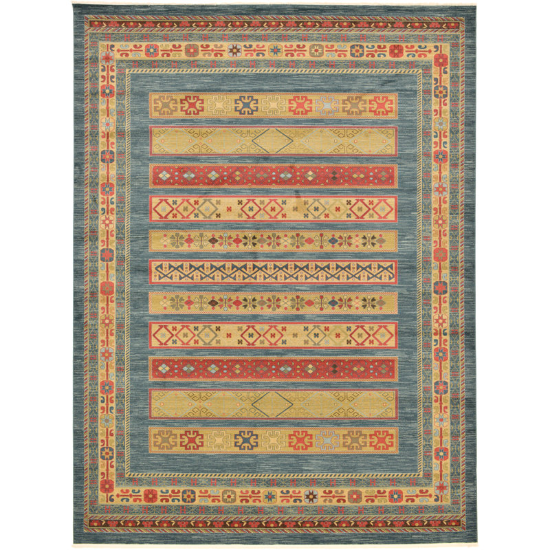 Tapis à motif géométrique Jaeden, Bleu, Carré 8 pi