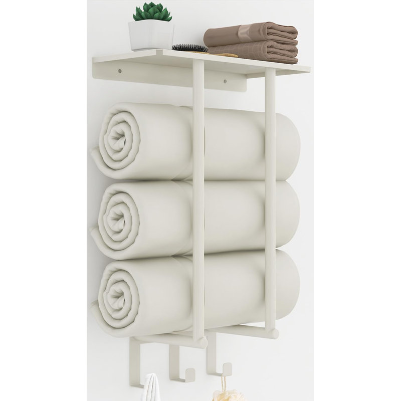 Porte-serviettes mural robuste avec tablette et 3 crochets - Organisateur de salle de bain peu encombrant pour grandes serviettes et accessoires de bain