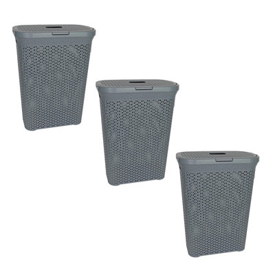 Latitude Run® Plastic Rattan Laundry Hamper Basket With Hinged Lid, Ventilation Holes, Durable, Lightweight Bin With Cutout Handles, Storage Dirty Clothes, Space Saver, 3-Pack