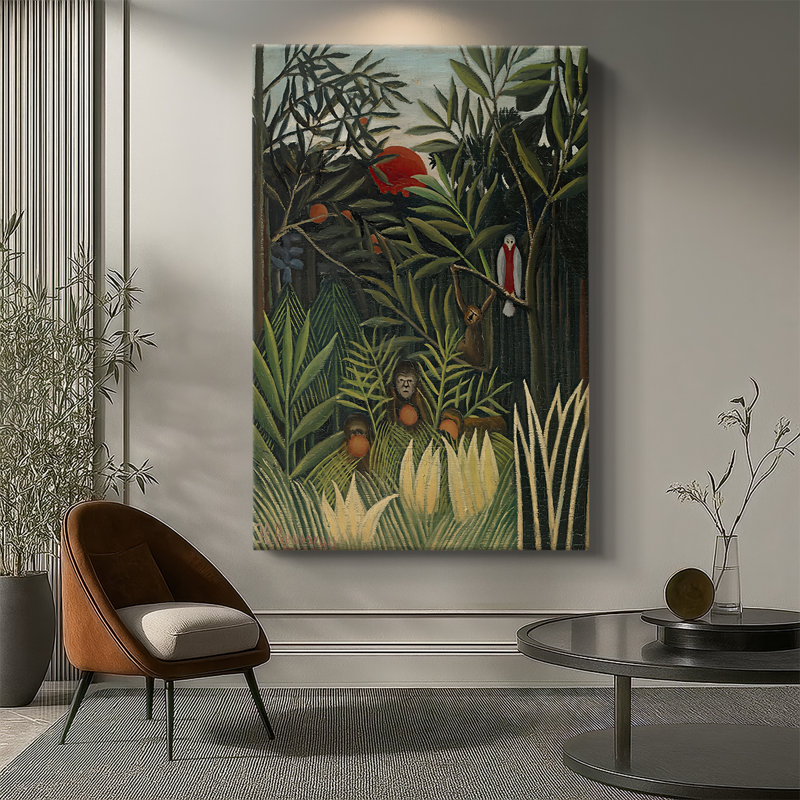 Singes et perroquet dans la forêt vierge - Toile tendue avec châssis par Henri Rousseau, 40 po x 60 po