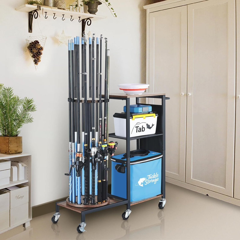 Chariot de rangement pivotant à 360 degrés avec roulettes - Support de rangement robuste pour 12 cannes et boîtes à pêche - Support pour équipement de pêche