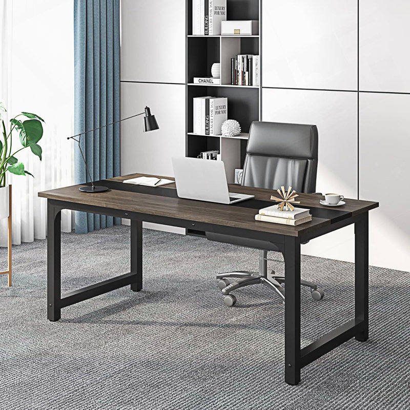 Grand bureau d'ordinateur moderne, table d'écriture avec cadre en acier, Gris