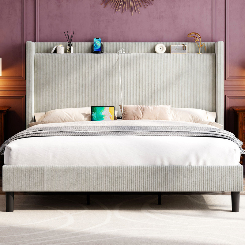 Base de lit tapissier avec tête de charge Hisao, gris foncé, Très grand, Gris clair