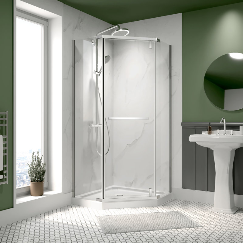 34.75" X 34.75" X 72" Corner Shower Enclosure, Frameless Pivot Shower Door with 1/4" Clear Tempered Glass & Explosion-Proof Film & Nano Coating, Chrome Finish, Include Shower Base & Reversible Installation