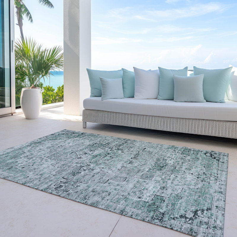 Machine Washable Indoor/Outdoor Xhevrie Teal Rug, Rectangle 9' x 12'