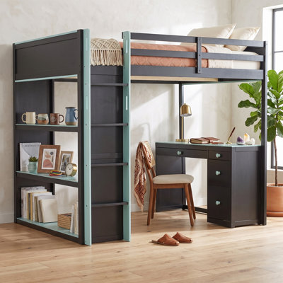 Lit mezzanine pour enfant avec bureau intégré, tiroirs et étagères de rangement, design bicolore inspiré du jeu, style moderne, chambre d'ado