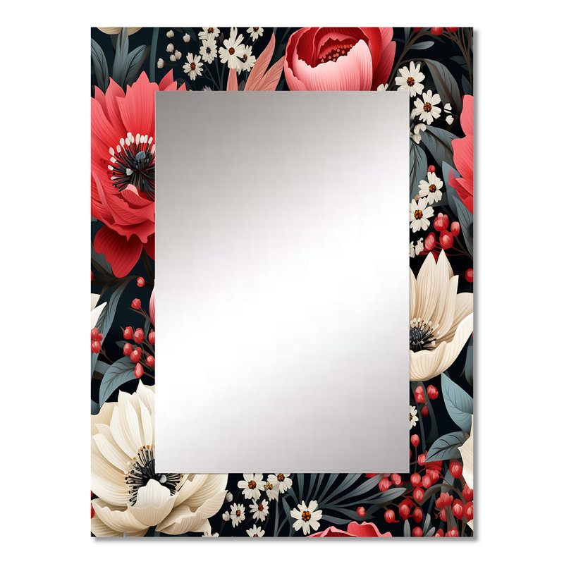 «Anael Vintage Pink Poppy Flourish Gardens» - miroir floral, miroir mural unique, impression sur métal, 32 po x 24 po