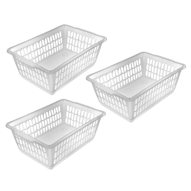 Basicwise White Rectangular Plastic Shelf Organizer Basket with Handles