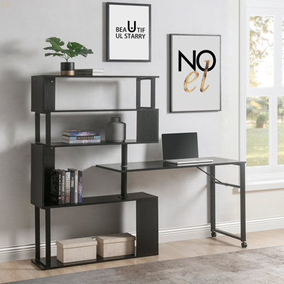 Table de coin en L pour bureau à domicile, table d'ordinateur rotative avec bibliothèque à 5 niveaux, quatre méthodes d'installation, roulettes verrouillables