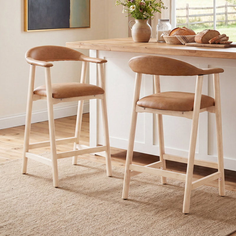 Tabouret de bar contemporain rembourré avec pieds en bois et dossier incurvé, Brun