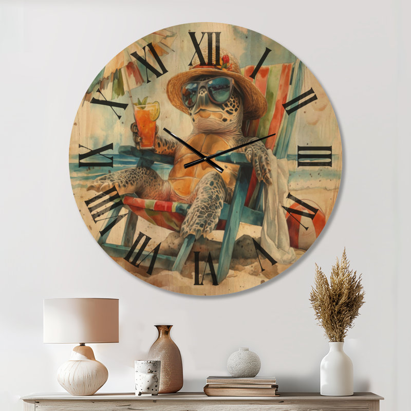 Grande horloge murale en bois côtier - Tortue sur la plage relaxante, Oversized