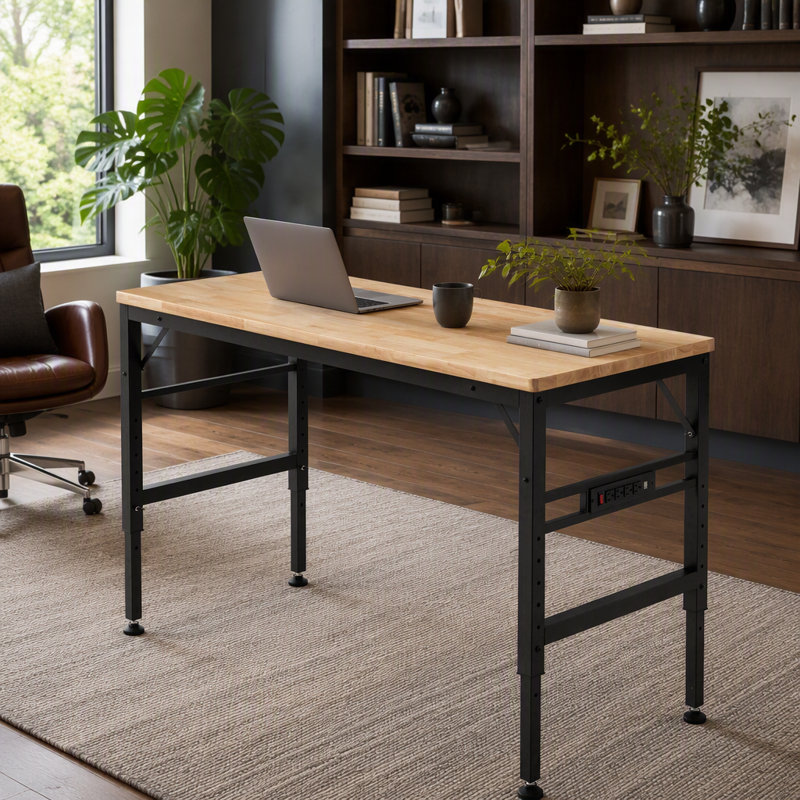 Établi à hauteur réglable, poste de travail robuste en bois d'hévéa de 60 po avec prises de courant, table de travail en bois franc d'une capacité de charge de 2000 lb pour atelier, garage, bureau, maison