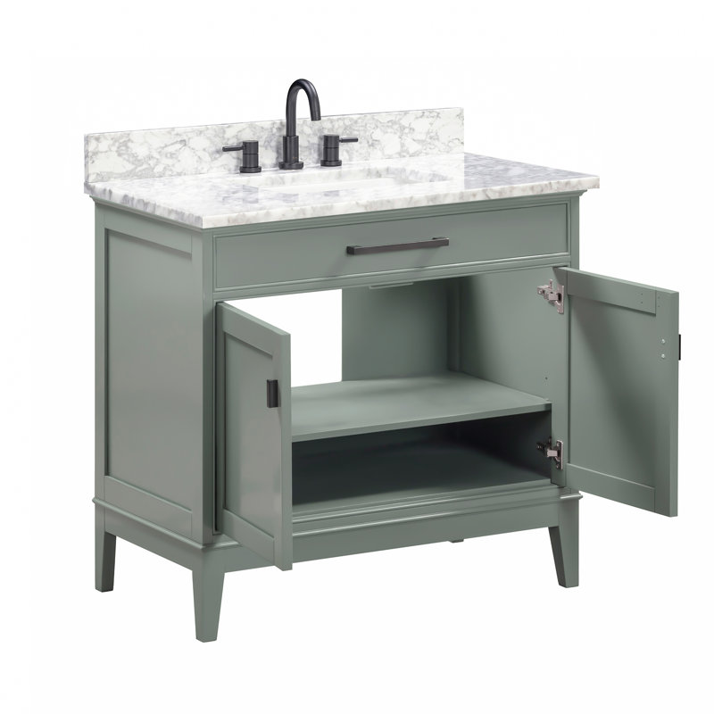 Meuble-lavabo simple 36 po avec plateau Anglet, Blanc de Carrare, Vert fumée