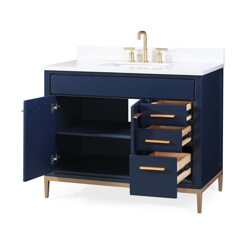 Tennant Brand 42 Inch Modern Freestanding Navy Blue Beatrice Bathroom Vanity, Single Sink, White Quartz Top, Fully Assembled