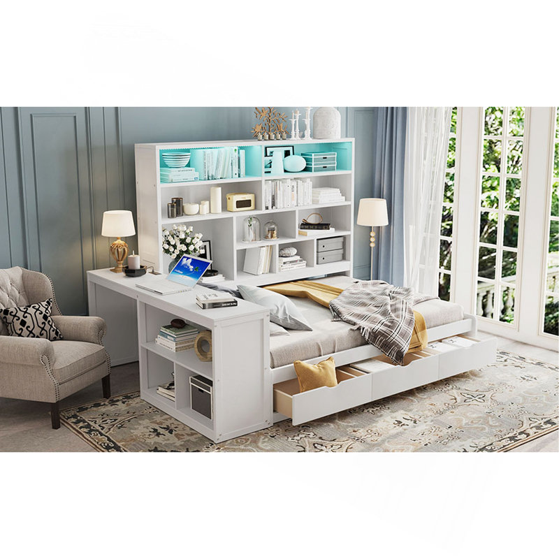 Lit de jour en bois avec trois tiroirs, bureau, tablettes et lumières UnaNoxa, Blanc