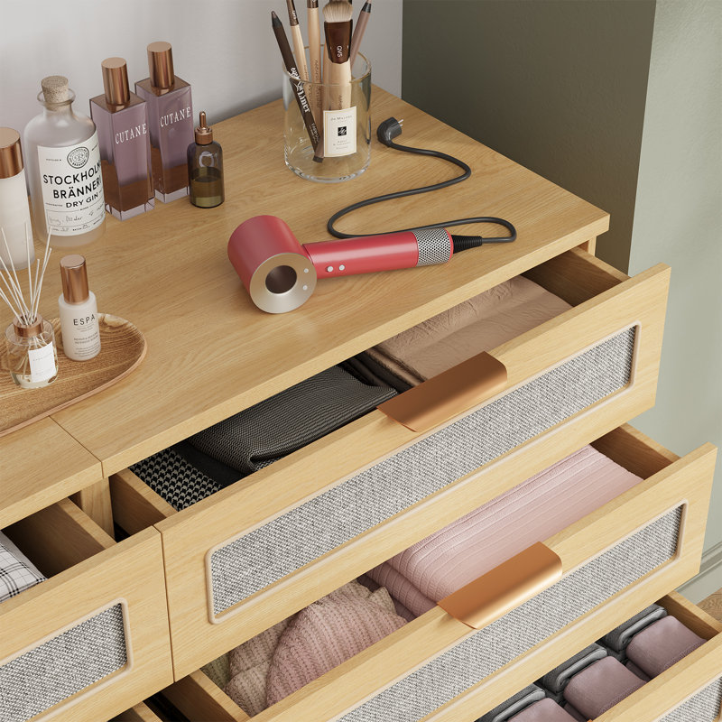 6-Drawer Modern Wood Dresser With Metal Brackets, Linen Inlay, And Gold Handles, Bedroom Storage Organizer For Clothes, Entryway Cabinet, Natural Finish