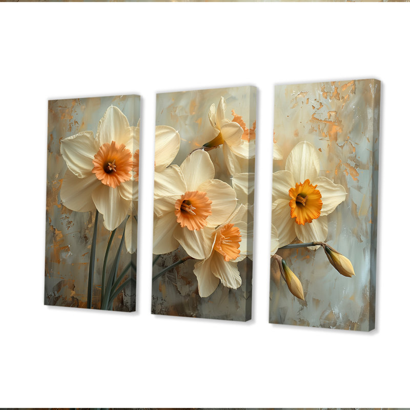 Jaune jaune blanc fragiles jonquilles - ensemble de salon art mural jonquilles, Toile tendue, H 40 po x l 60 po x P 1 po