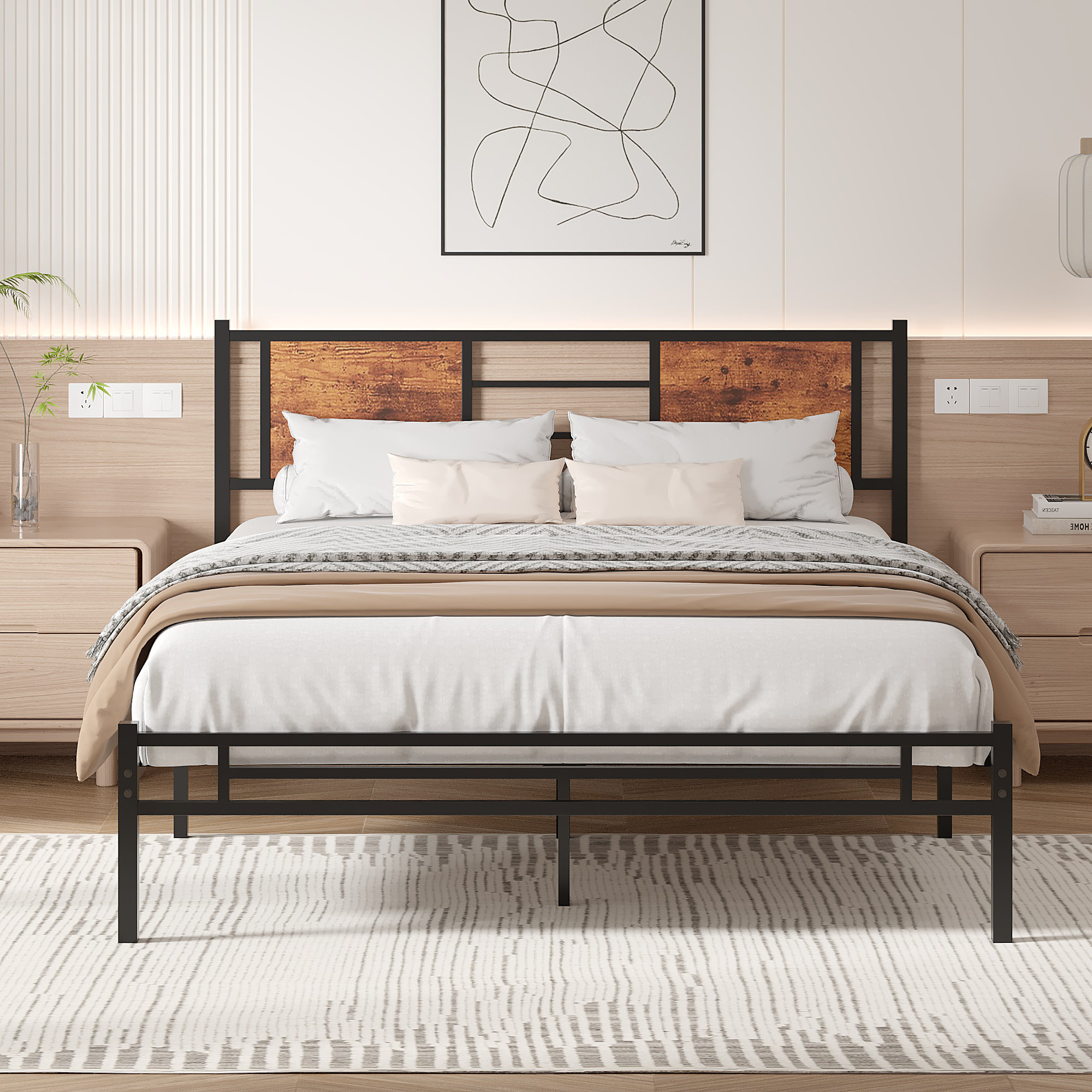 17 Stories Bed Frame with Wooden Headboard Under Bed Storage, Full ...
