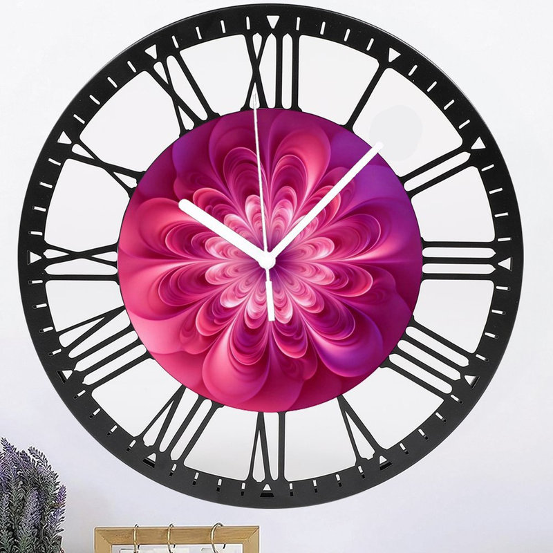 Horloge murale ronde en fer 10 po avec mouvement à quartz silencieux, chiffres romains, impression UV, Rose / Mauve