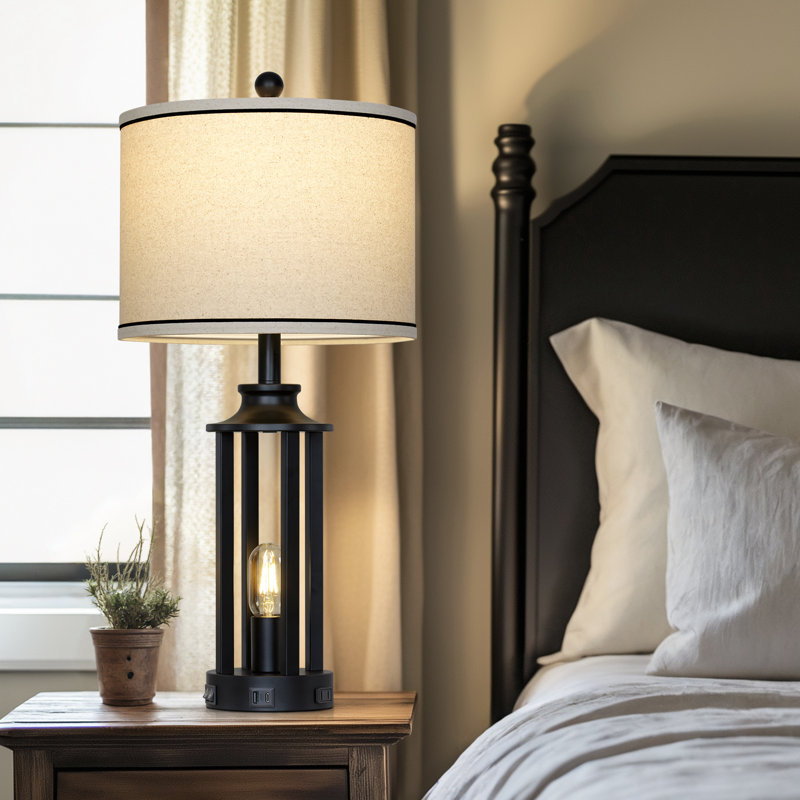 Cochranville 27.5" Updated Lantern Table Lamp Set with Night Light and USB Ports, Black, Beige