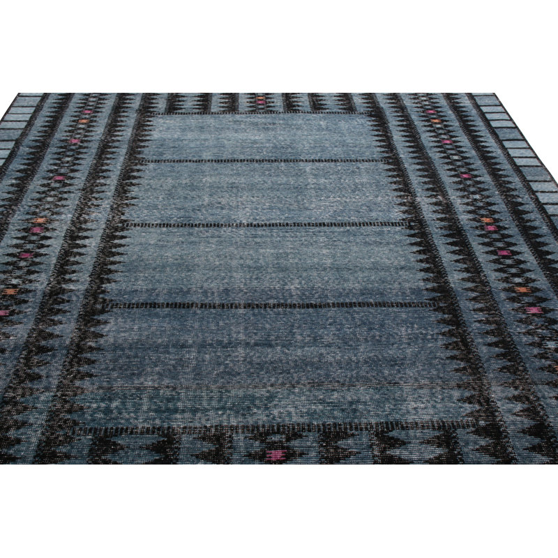 Rug & Kilim’S Distressed Scandinavian Rug In Blue Geometric Pattern, Rectangle 9' x 12', Blue/Black