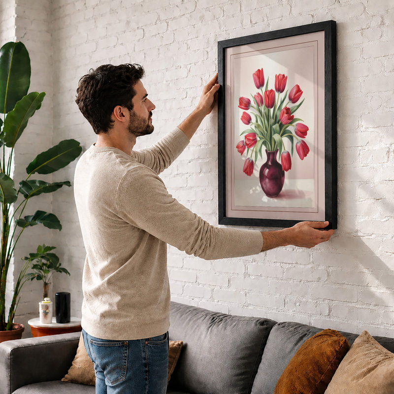 Red Tulips in Burgundy Vase Botanical - Framed Print, Black, A4 - 29.7 x 21.0 cm