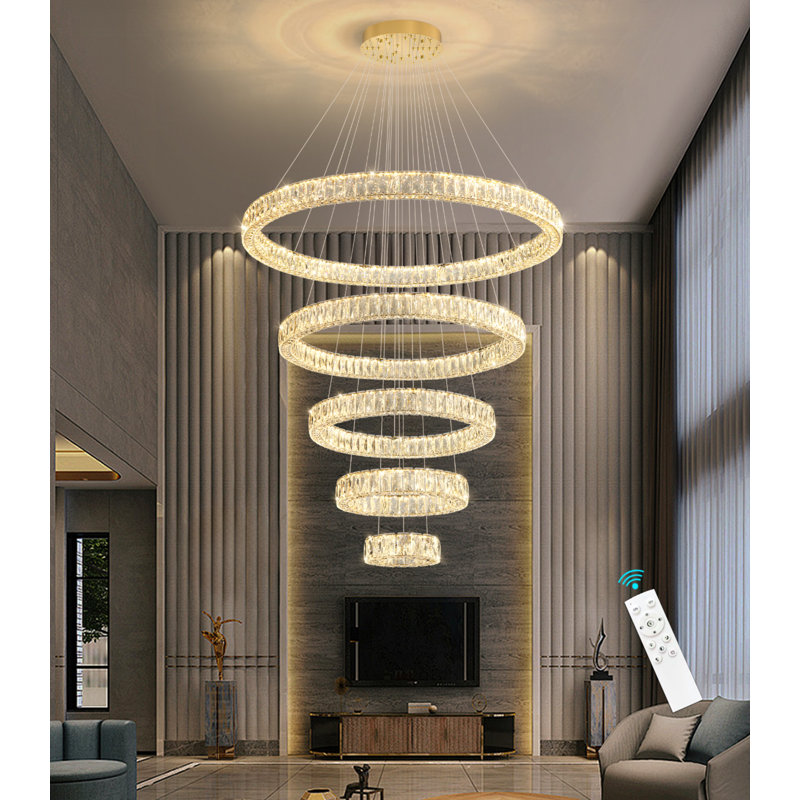 Lustre moderne en cristal à 5 anneaux, Doré