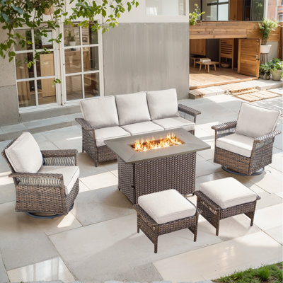 Anferney 6-Pieces Outdoor Wicker Patio Conversation Set with Fire Pit Table and Ottomans by Bay Isle Home
