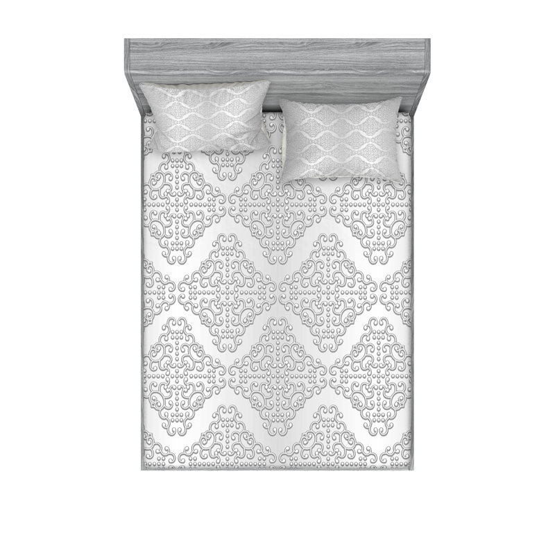 Ambesonne Damask Fitted Sheet & Pillow Sham Grey White, California King Sheet Set + 5 Additional Pieces