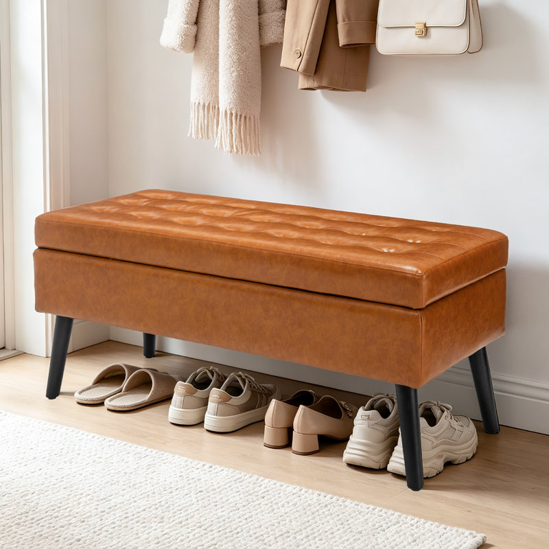 Banc de rangement avec accoudoirs 43,3 po avec pieds en bois, Brun, Noir